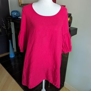 Bryn Walker Tunic Women's Size Small Hot Pink 100% Linen 3/4 Ruched Sleeves 123